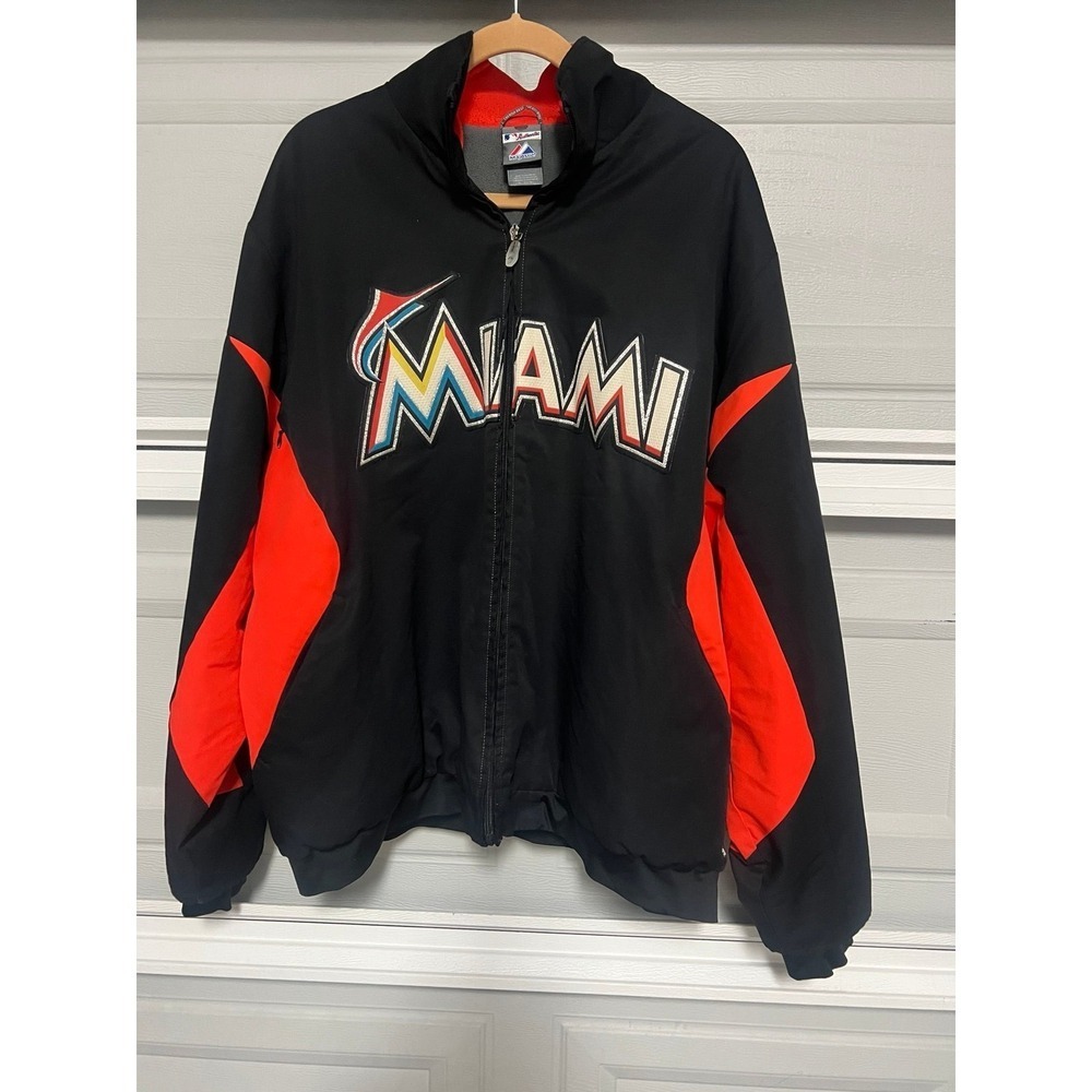 Vintage Miami Marlins Jacket Majestic MLB Therma Base Full Zip Black Mens XL